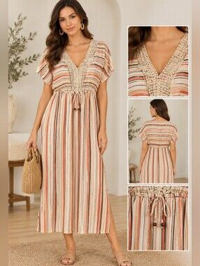 Women's Striped Maxi Dress in Cream & Multicolor